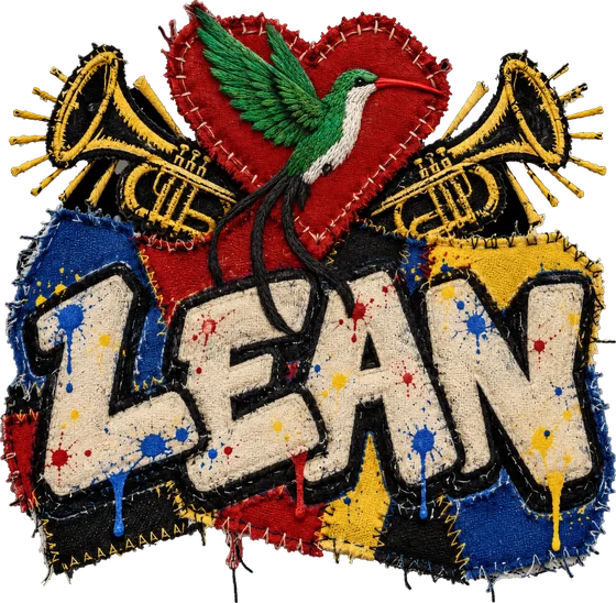 The byLEAN patch: the word LEAN in cream letters on a patchwork of red, blue and yellow, under a red heart with a green hummingbird and two gold trumpets.